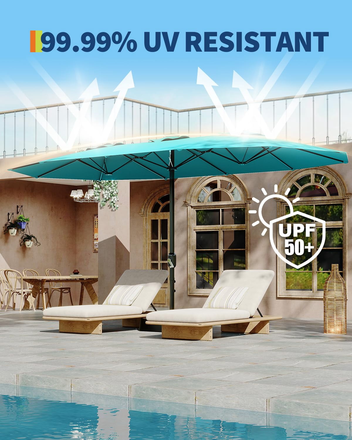 15ft Large Patio Umbrellas with Base,Outdoor Double-Sided Rectangle Market Umbrella,Crank Handle for Easy Opening,Perfect for Pool Lawn Garden,Durable & Stylish Design,UV Protection for Sun Safety