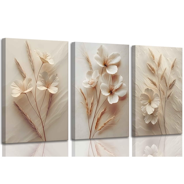 Lienzo decorativo UZXTFQU con estampado floral beige neutro, 3 unidades