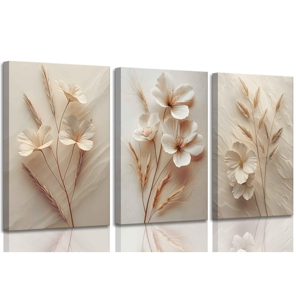 Lienzo decorativo UZXTFQU con estampado floral beige neutro, 3 unidades