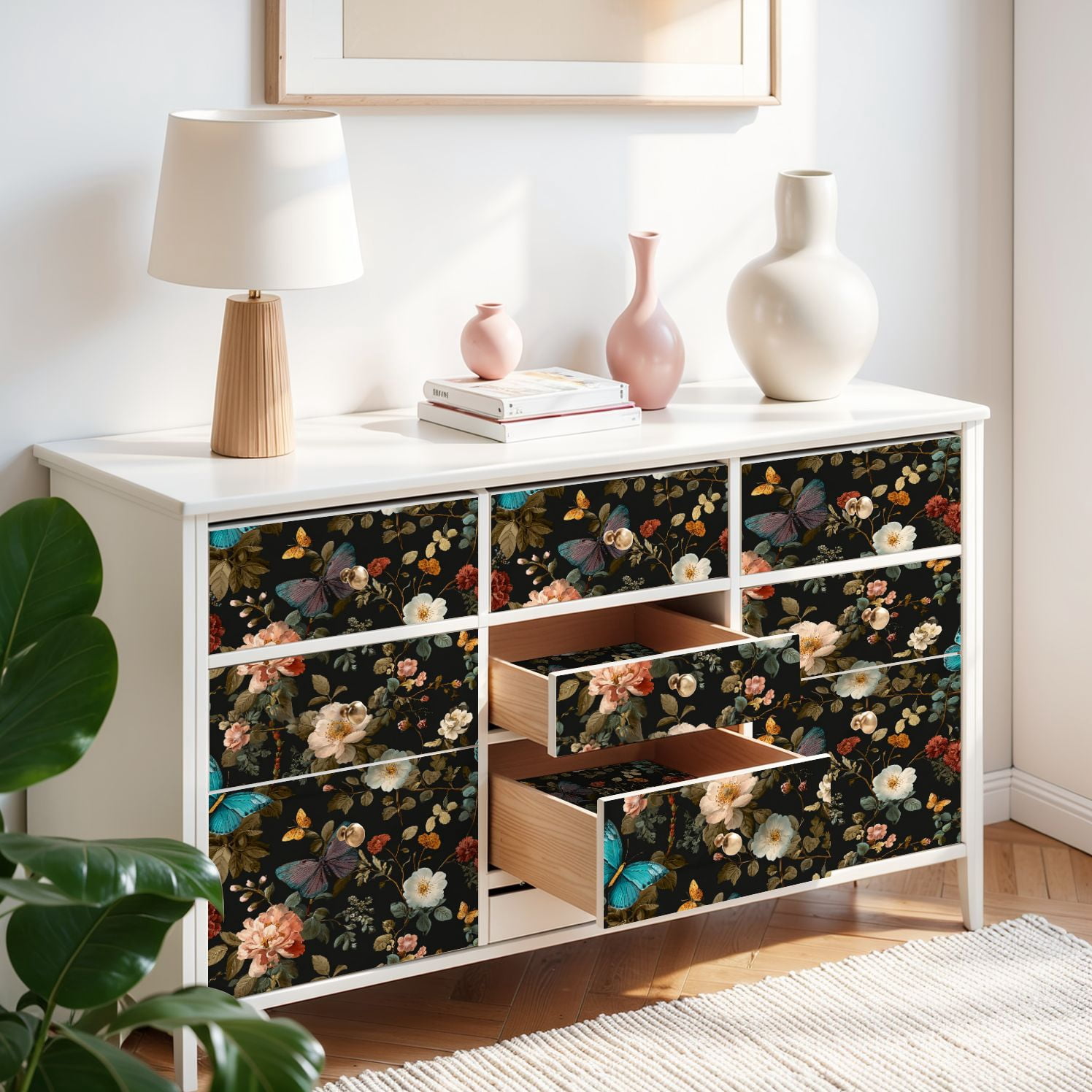 Peel and Stick Wallpaper Elegant Floral Butterfly Dark Vibrant Roses Colorful Butterflies 17.7in x 118in Contact Paper Removable Self Adhesive Wall Mural Wall Decor for Bedroom Kitchen Cabinets