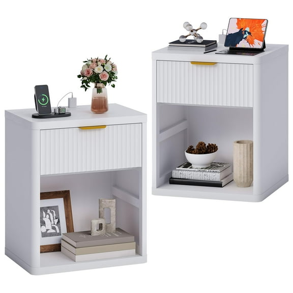Fluted Nightstand Set of 2 with Charging Station, Bedside Table with Drawers and Open Storage Space, Metal Handles and Rounded Corners for Safety, Mid Century Modern End Table