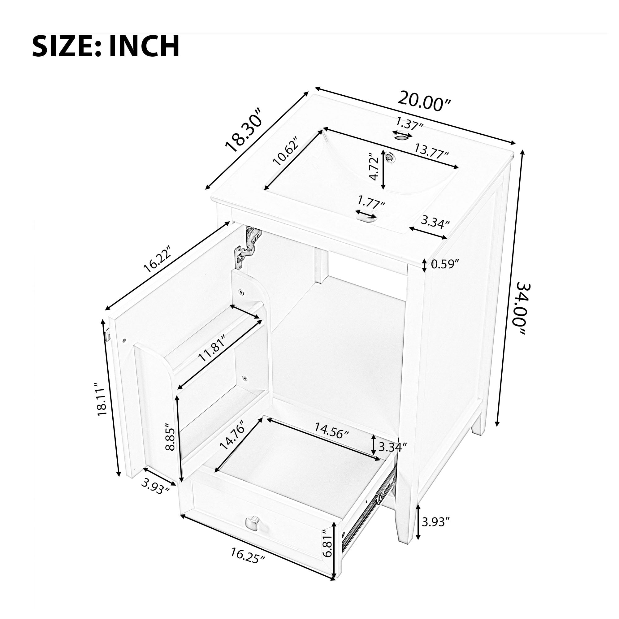 Euroco Bathroom Vanity with Ceramic Sink, Soft-Close Door, Storage Drawer & Door Rack, Painted Solid Wood & MDF, Single Hole Faucet Compatible, Platinum Knobs