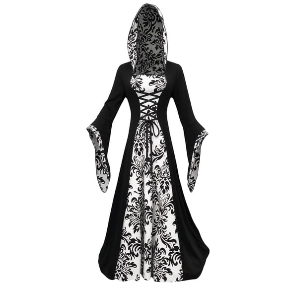 KICILVS Witch Costume Women Hooded Gothic Robe Corset Waist Bell Sleeve Maxi Length Damask Print Vampire Cloak Outfit White