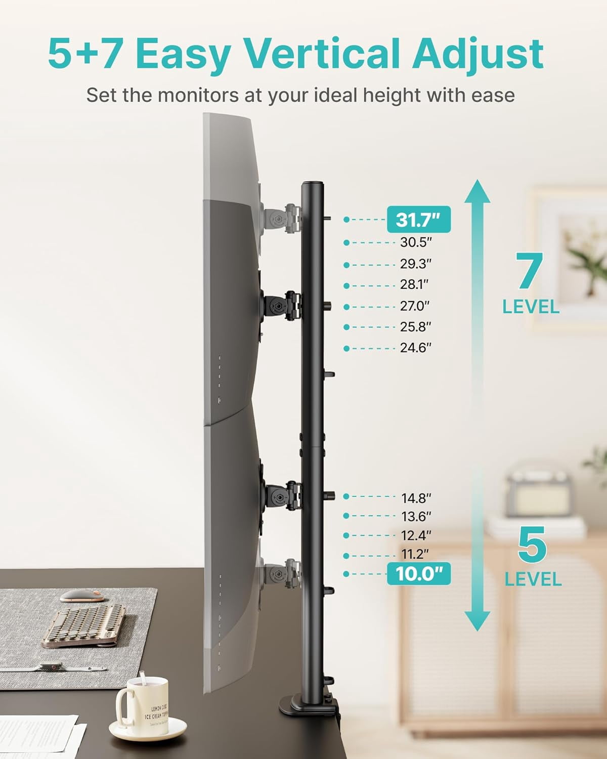 Vertical Dual Monitor Mount for 17–34 in Screens, Stacked Monitor Stand with 33.1 in Extra Tall Pole, Full Motion Height Adjustable Desk Mount, Holds up to 33 lb per Arm, 75/100 VESA, Clamp & Grommet