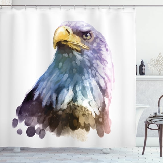 Bird Shower Curtain, Watercolor Bald Eagle Patriotic American Hand Drawn Animal with Brush Marks Effect, Fabric Bathroom Set with Hooks, 69W X 84L Inches Extra Long, Multicolor, by Ambesonne