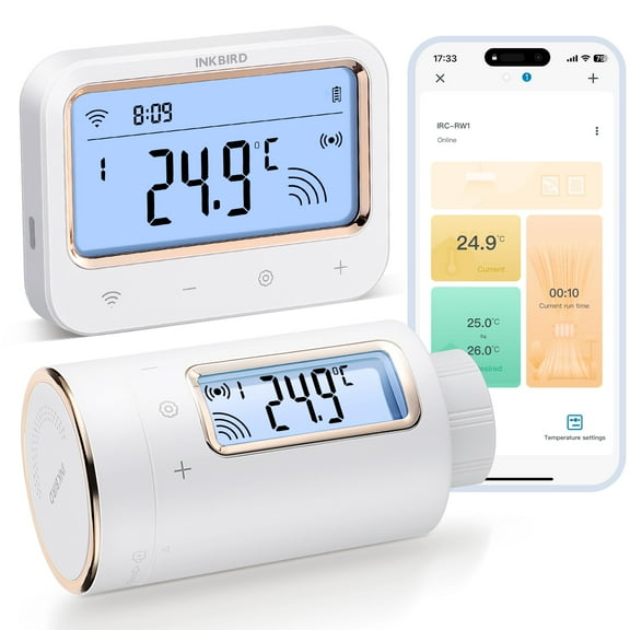 INKBIRD IRC-RW1 WiFi Radiator Control Valve, Free App Control, Reversible Screen, 11 Time Periods of Temperature Control with High/Low Temperature Alarm, Child Lock, Low Battery Alarm