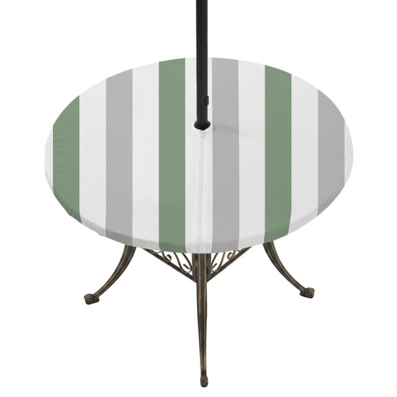 Round Outdoor Tablecloth with Umbrella Hole and Zipper, Sage Green Grey Striped Tablecloth with Elastic Waterproof, Minimalist Farmhouse Stripe Patio Table Covers for 31" - 35" Picnic Pool Tables