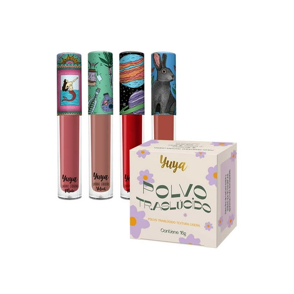 Set de polvo traslúcido Yuya 16g y 4 Labiales líquidos mate 3g c/u