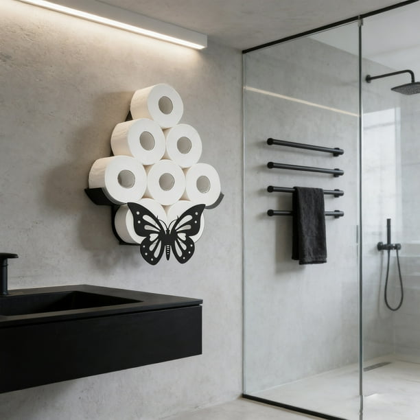 Portarrollos de Papel Higiénico de Pared con Forma de Mariposa | Organizador de Papel Higiénico de Hierro Negro | Estante de Almacenamiento Decorativo para Baño Que Ahorra Espacio | Decoración Rústic