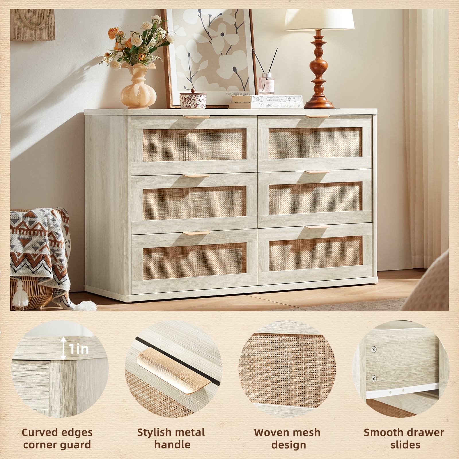 LELELINKY White Dresser,6 Drawer Dresser for bedroom, Boho Wood Storage Cabinet for Living Room