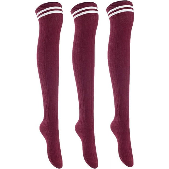 Lian LifeStyle Women's 3 Pairs Adorable Comfortable Soft Thigh High Over Knee High Cotton Socks Size 6-9 L1023(Wine)