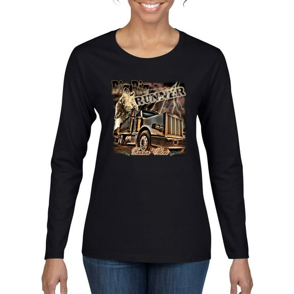 Wild Bobby, Big Rig Runner Trailer Truck Runnin Alone, Cars and Trucks, Women Graphic Long Sleeve Tee, Black, Small