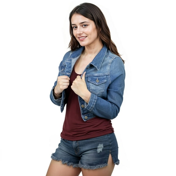 JuicyTrendz Women’s Cropped Denim Jacket – Button-Down, Long Sleeve, Stylish Cropped Stretch Coat Mid Blue M
