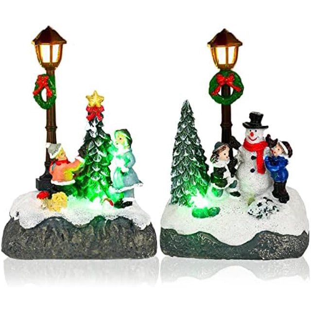 Queilt 2 Pcs Christmas Village Sets, Snowman Tree Santa Christmas Village Scene with Figurines LED Light Christmas Village Accessories Tabletop Decorative Christmas Ornaments for Table Decor (Rustic S