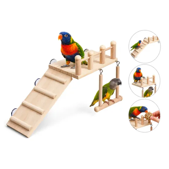 Natural Wooden Bird Perches Platform Swing with Climbing Ladder, Multifunctional Bird Cage Accessories, Sturdy Parakeet Cage Accessories, All-in-One Parakeet Toys Including Bird Ladder, Bird Swings a