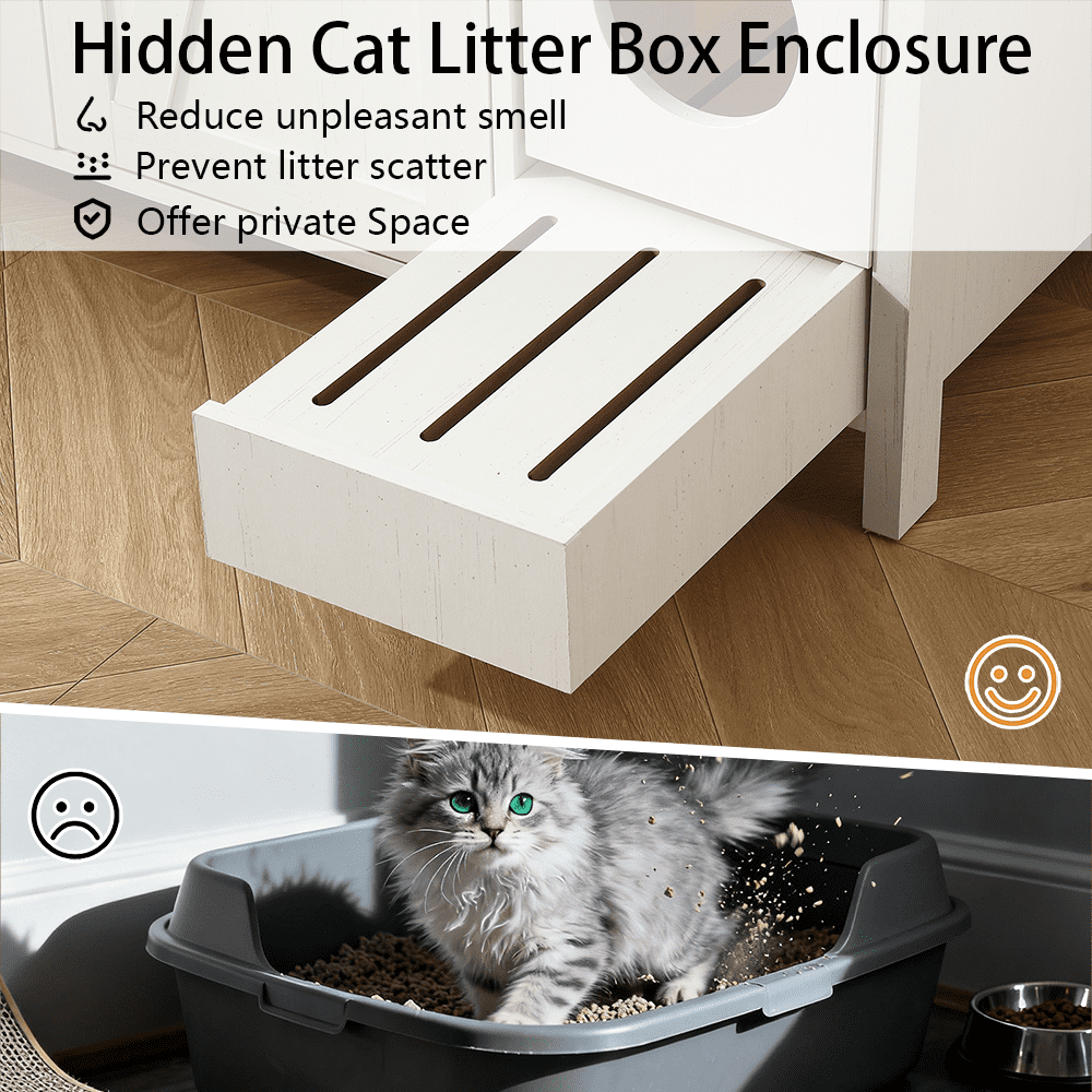 Litter Enclosure with Cat-Exclusive Dog-Proof Entrance, Litter Cabinet with Power Outlet and Litter Collector, for Placing Cat Robot 3/4,Antique White