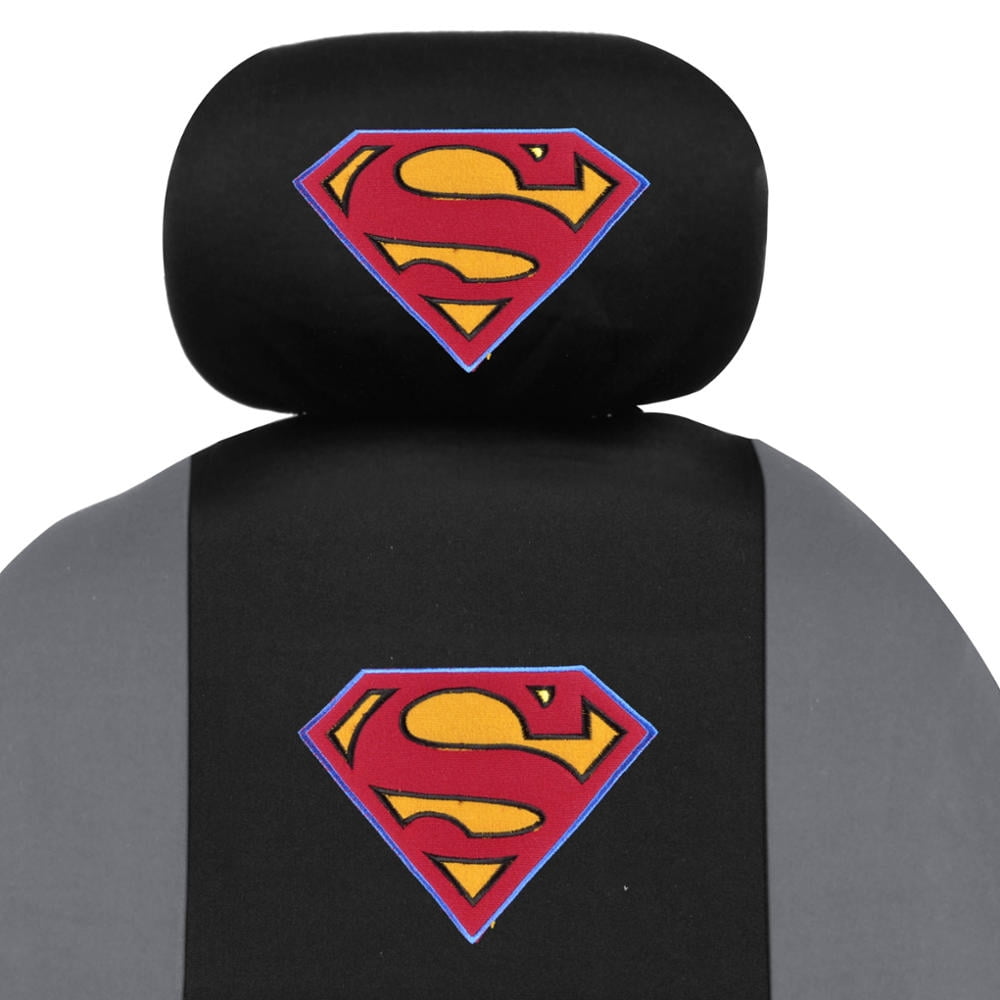 BDK Warner Brothers DC Superman Front & Rear Car Seat Covers Full Set - Easy to Install Durable & Polyester Car Seat Cover - All Vehicles Airbag Compatible Universal Car Accessories (Black & Gray)