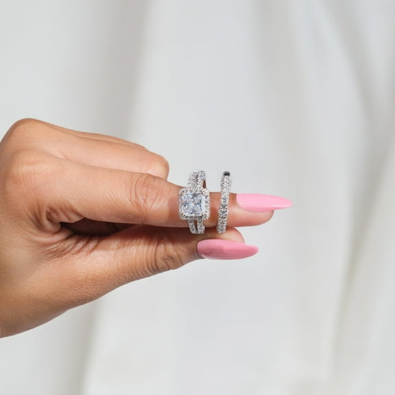 Hitanshu Jewels His Her Princess Cut Diamond 14K White Gold Plated Wedding Bridal Ring Set