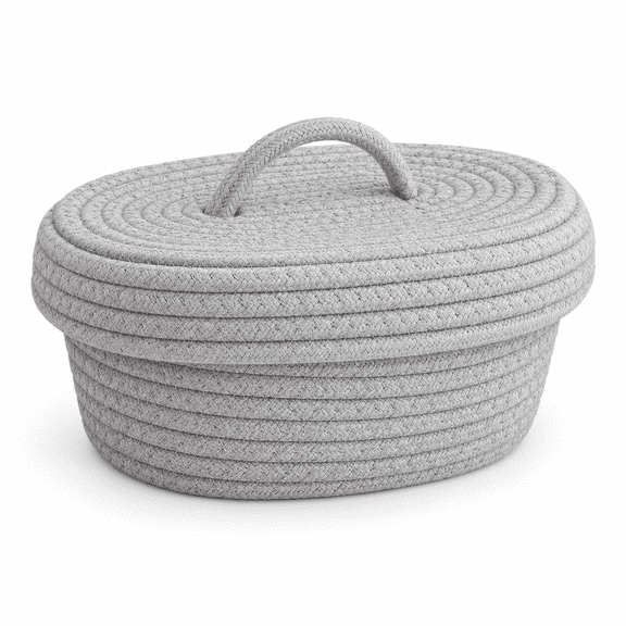 ABPETE Small Cotton Rope Woven Storage Basket, Nesting Bins Decorative Woven Storage Bin Caddy Organizer Container with Lid for Home Decor Bedside Bathroom Living Room (Grey)