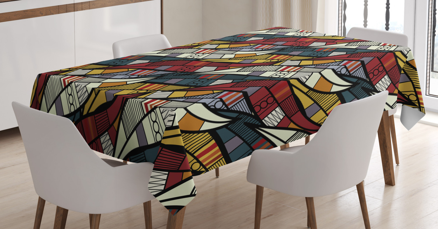 African Tablecloth, Diagonal Abstract Leaves with Circles Chevrons