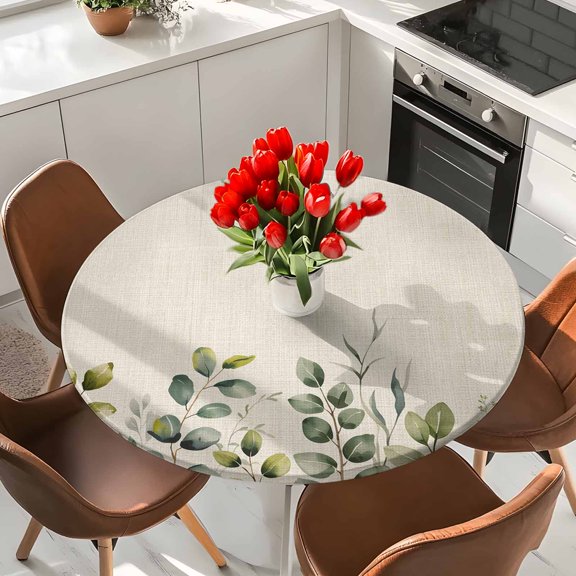 Green Leaf Elastic Fitted Round Tablecloth Leaves Plant Linen Waterproof Outdoor Table Cover for Holiday Party, Picnic, Patio & Dining Fits Tables Up to 45"-54"