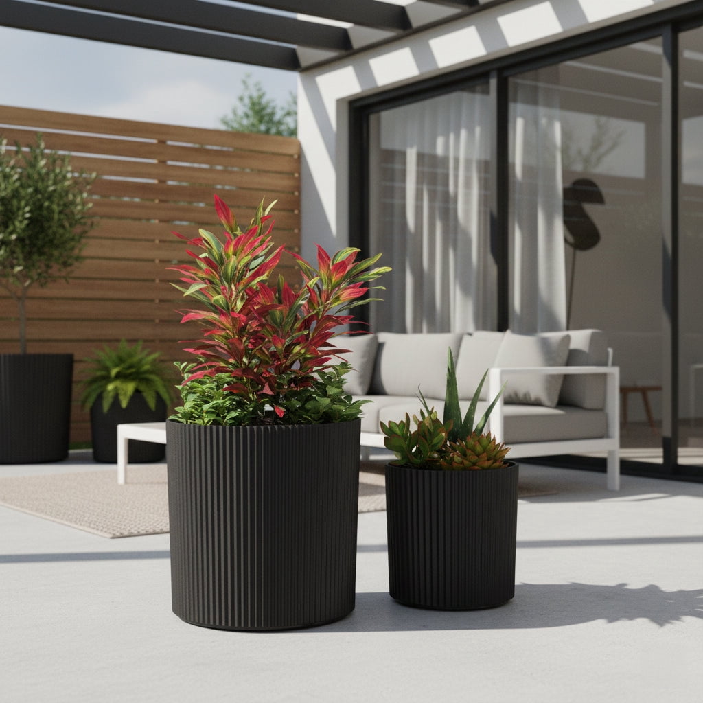 Serene 14in and 10in Round Black Plastic Plant Planters with Drainage Holes, 2-Pack