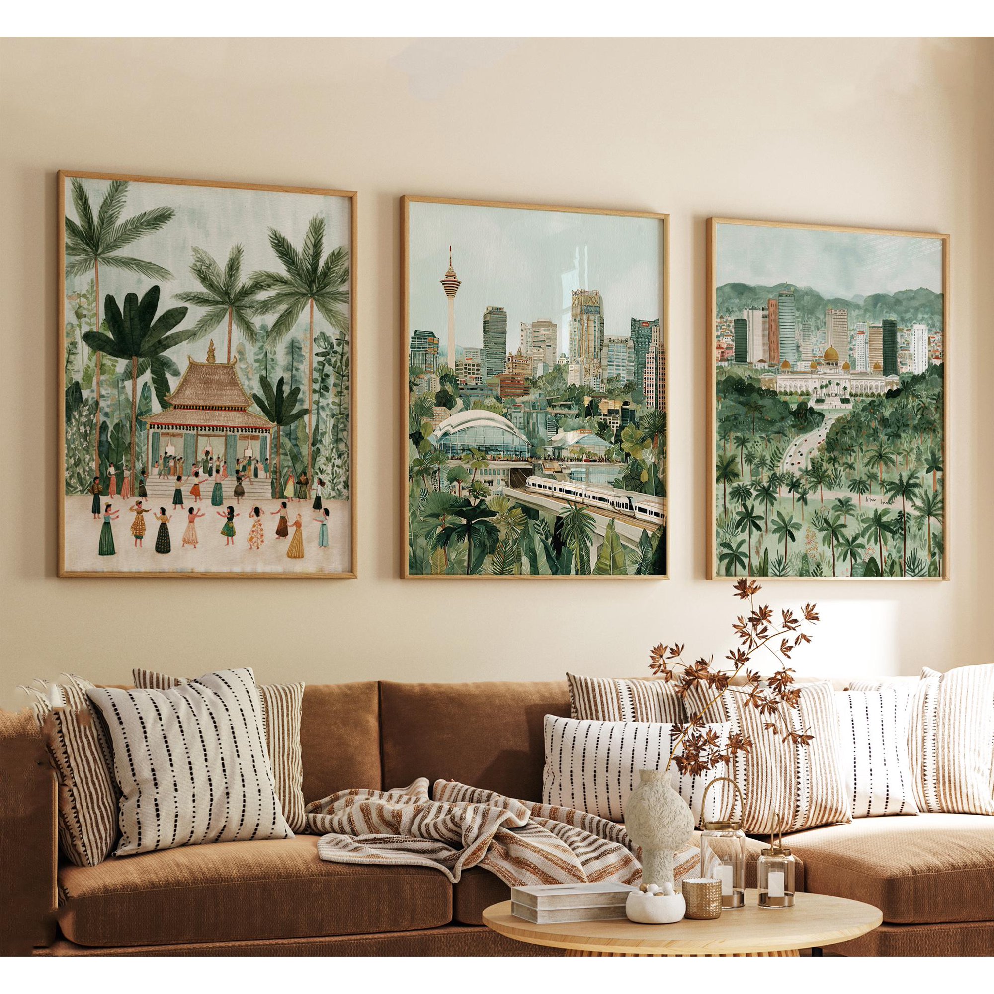 Kuala Lumpur Malaysia Poster Vintage Inspired City Skyline Wall Art Neutral Asian Travel Prints Set 3