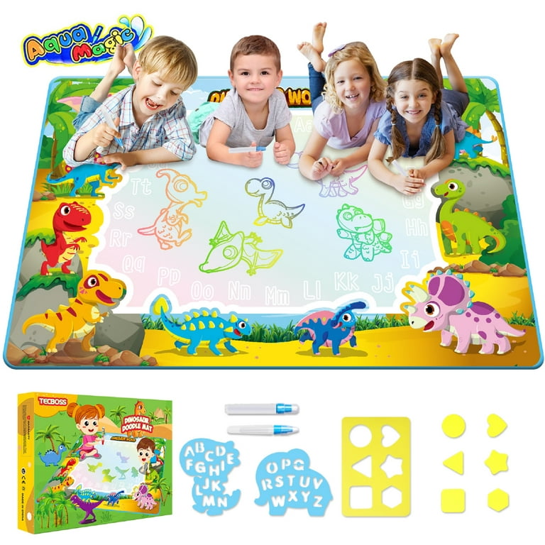 Channie's Reusable Dino Magic Water Mat for Toddlers 3+ Years - Aqua Drawing Mat with Water Pens, Stamps, Number Stencil, and Drawing Booklet - Mess