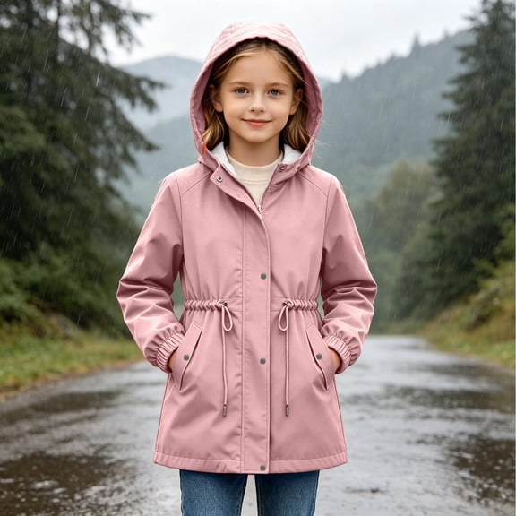 FSYBOA Girls Windbreaker Jackets Size 14-16T, Comfortable Full Zip Long Sleeve Waterproof Hooded Outerwear Pink