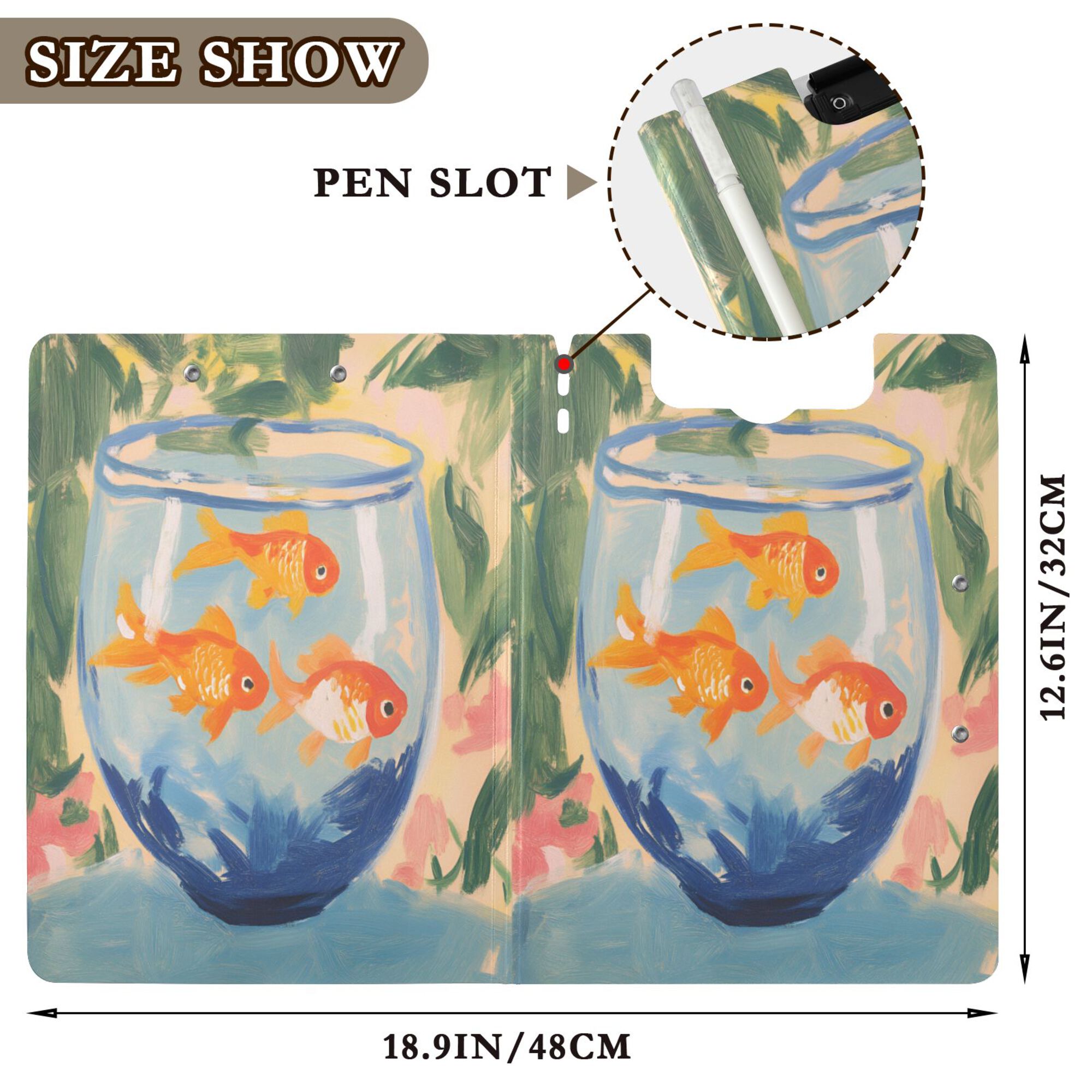 FORMRS A4 Clipboard Folder with Pen Holder Horizontal Foldable School Office Binder, Blue Goldfish Bowl