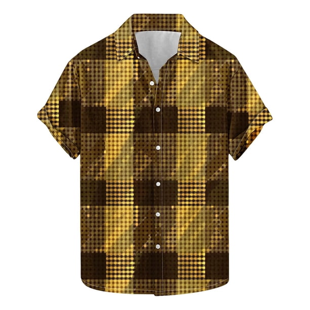 Camisas de Manga Corta de los Hombres Vintage Cuadrado Impreso Solapa Superior, Poliéster Ligero para Primavera Verano Casual Y Diario