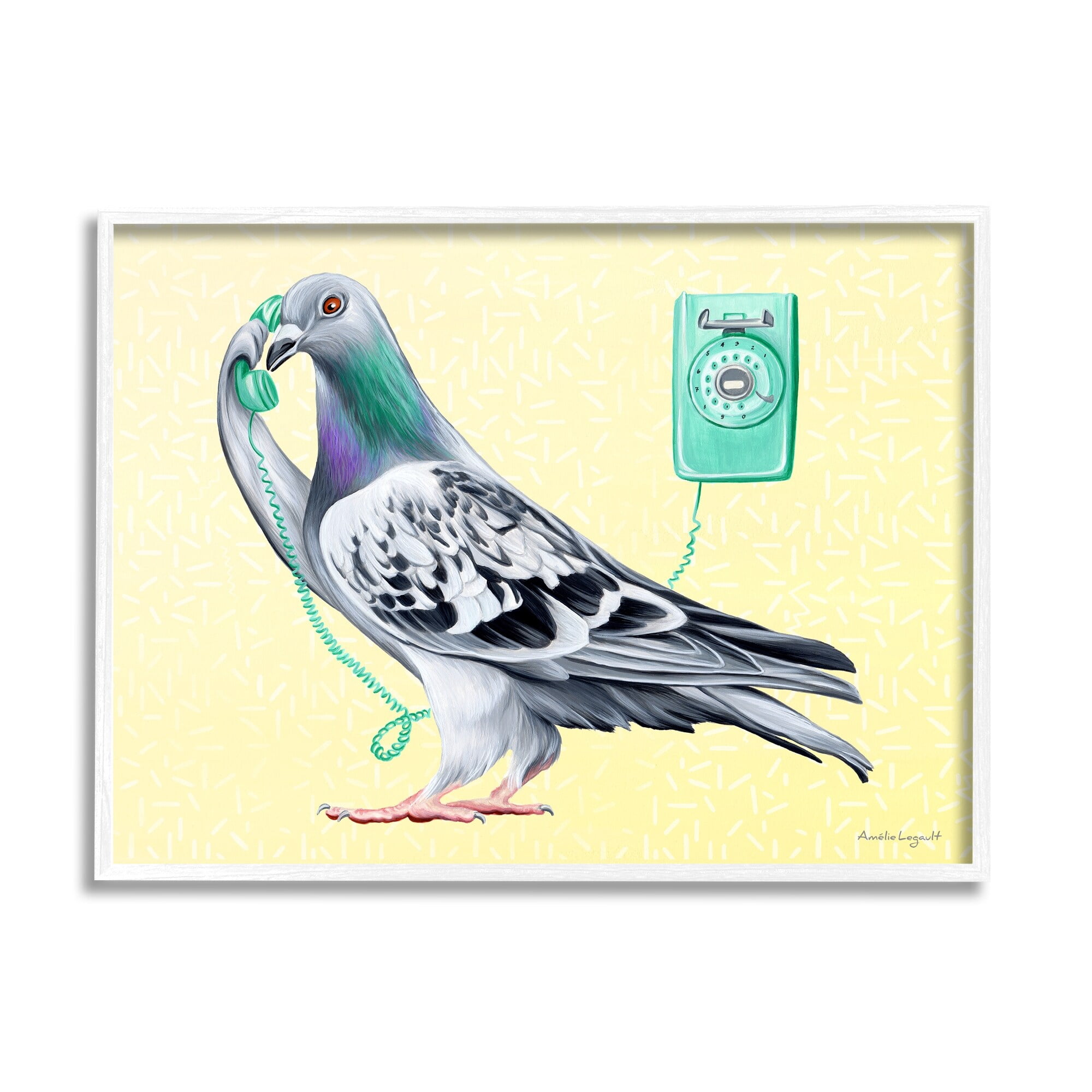Stupell Industries Pastel Pigeon Vintage Phone Call Yellow Background Graphic Art White Framed Art Print Wall Art, Design by Amelie Legault
