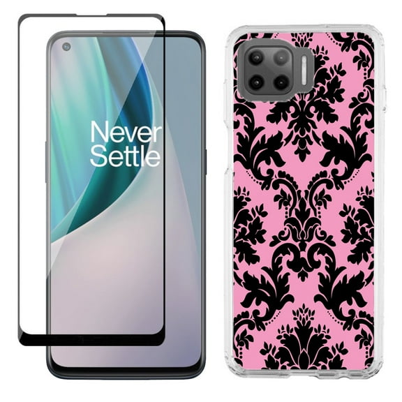 Slim-Fit Protective Phone Case compatible with Motorola Moto One 5G UW, with Tempered Glass Screen Protector, by OneToughShield ® - Victorian Pink/Black