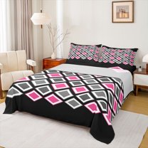 Castle Fairy Geometric Grid Bed Sheets for Kids Teenagers,Checkered King Sheets