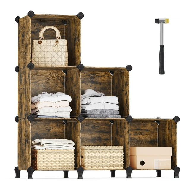 Estantería Modular de 6 Compartimentos, Zapatero, Organizador de Plástico con Patas, Cubo de 30 x 30 x 30 cm, Marrón Rústico