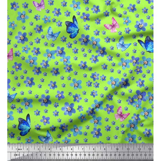 Soimoi Cotton Cambric Fabric Butterfly & Flower Decor Fabric Printed Yard 42 Inch Wide