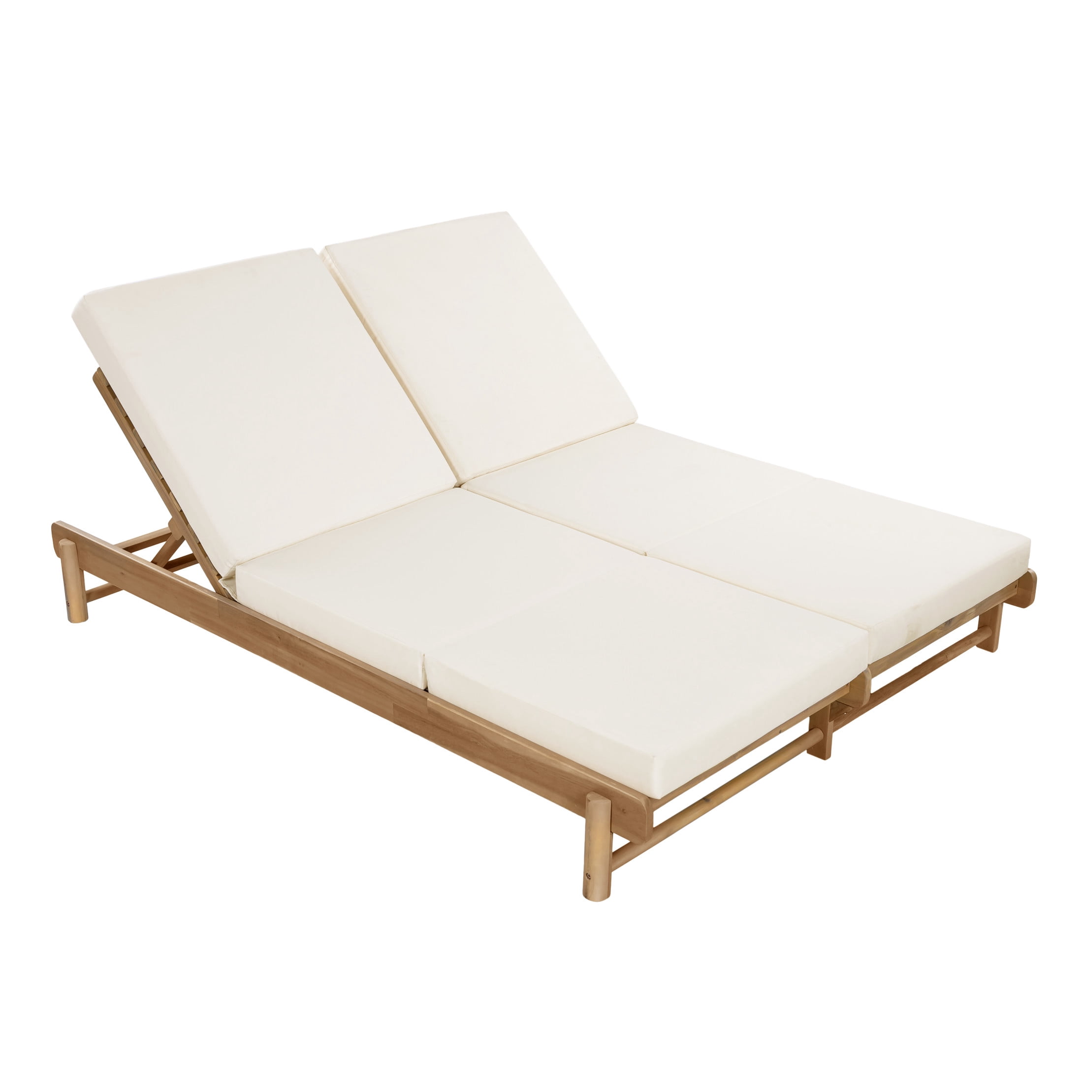 Christopher Knight Home Outdoor Adjustable Double Chaise Lounge with 3-Fold Cushions, Light Teak + Cream