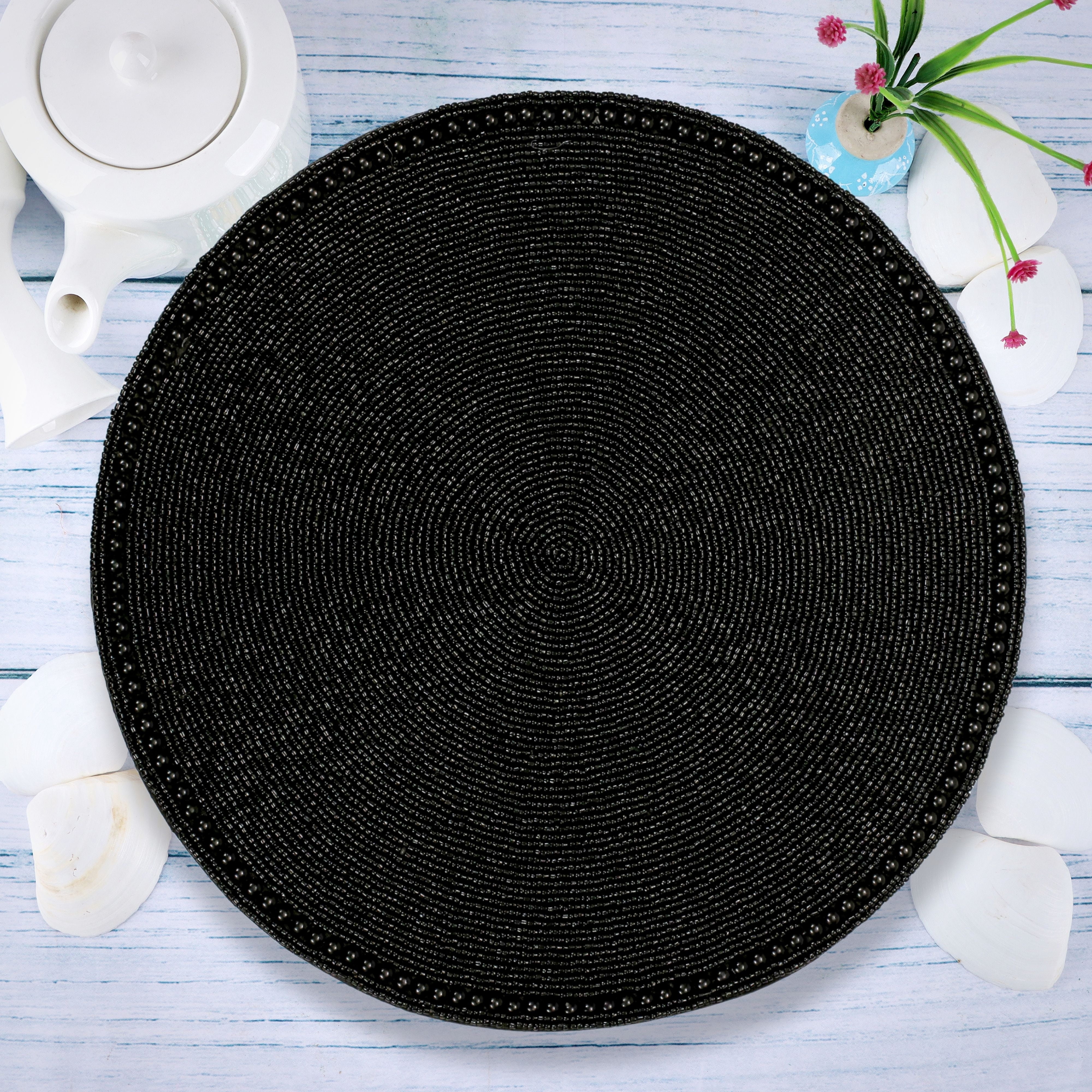Pack of 1 Handcrafted Glass Beaded Placemats - Elegant Round Table Mats for Dining Décor (Jet Black)