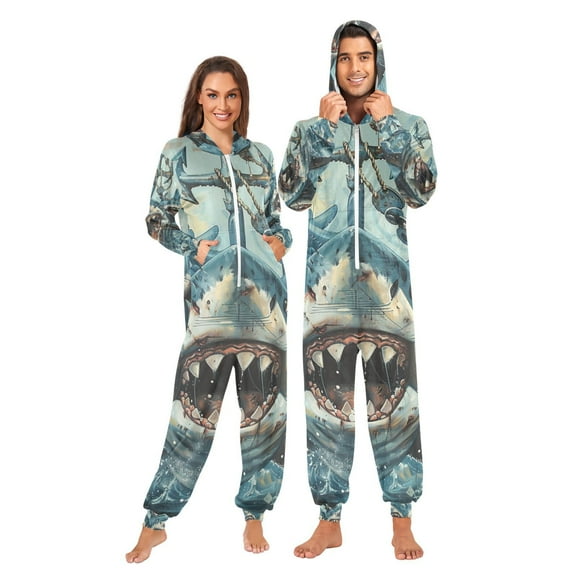Anchors Sharks Adult Onesie Pajamas Slim Fit Christmas One Piece Suit Pjs for Women and Men Hooded Zipper