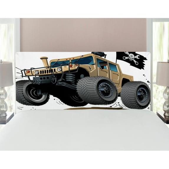 Cars Headboard, Worldwide Off Road Famous Safari Rally Truck with Skull Pirate Flag Camouflage Design, Upholstered Decorative Metal Bed Headboard with Memory Foam, Full Size, Grey Brown, by Ambesonne