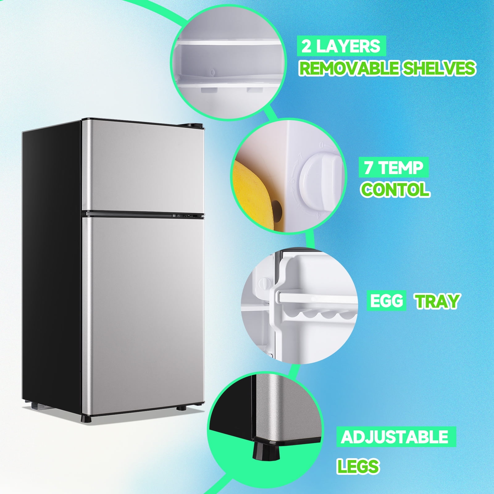 TACOOL 2.5Cu.ft Small Refrigerator Mini Fridge for Dorm with Drink Holder and Egg Tray, Silver