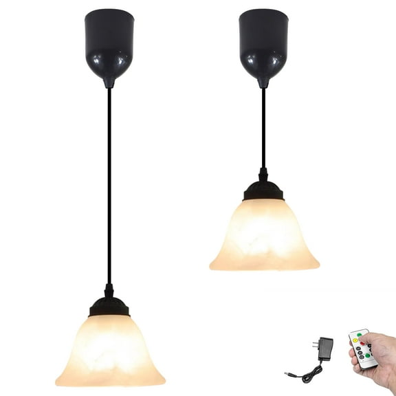 Kiven Battery Operated Pendant Light with Remote Control, Set of 2 Rechargeable Hanging Pendant Light Adjustable Height with Frosted Glass Lampshade for Bedroom Kitchen Home Decor TB3512