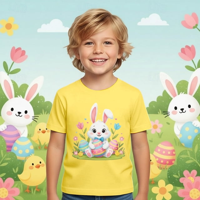 T-Shirt Graphique à Manches Courtes pour Garçons, Doux et Décontracté, Imprimé Coloré pour Pâques