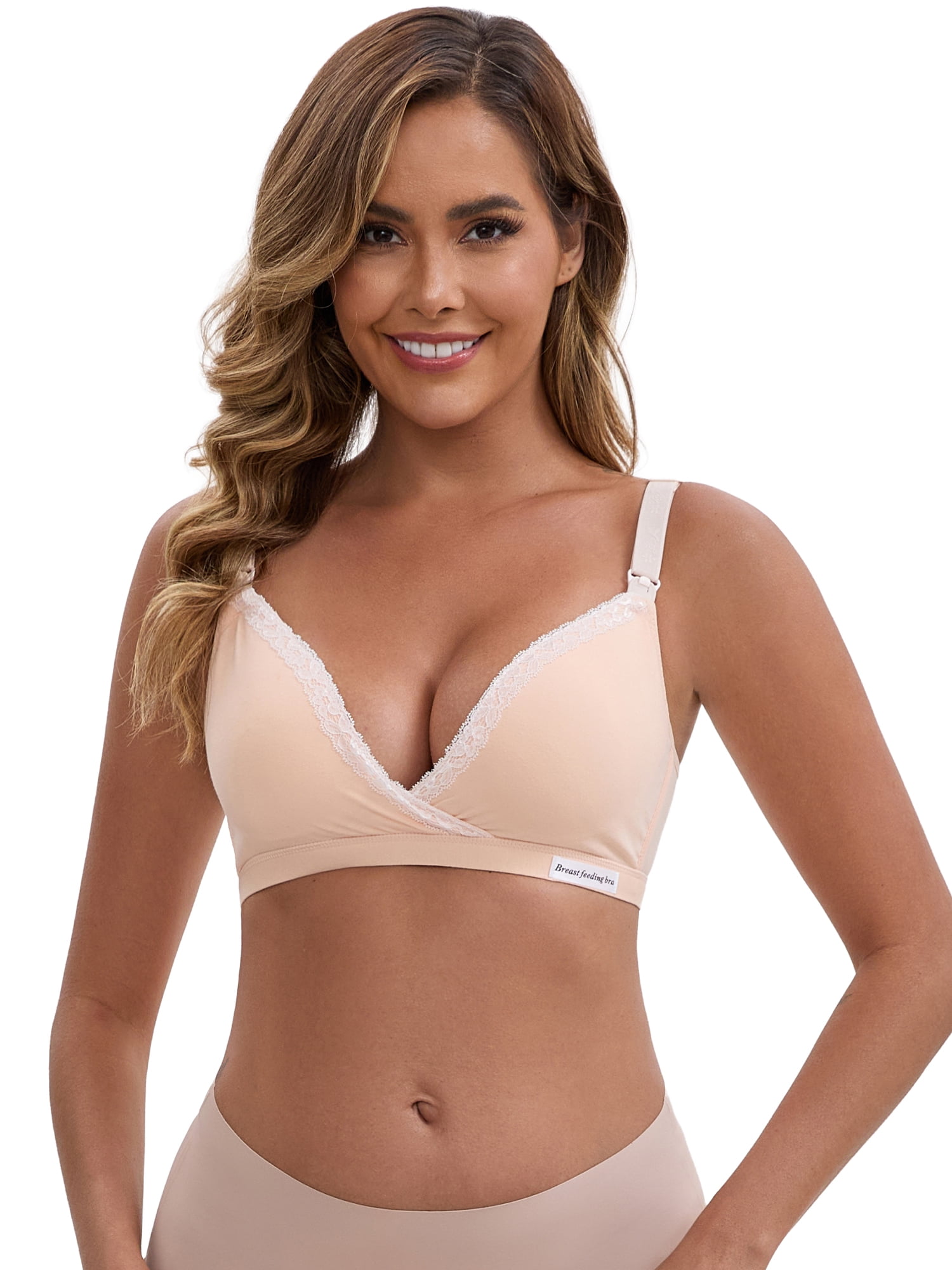 DARING DIVA Lace Trim Nursing Bra Deep V Crossover Adjustable Straps M Beige