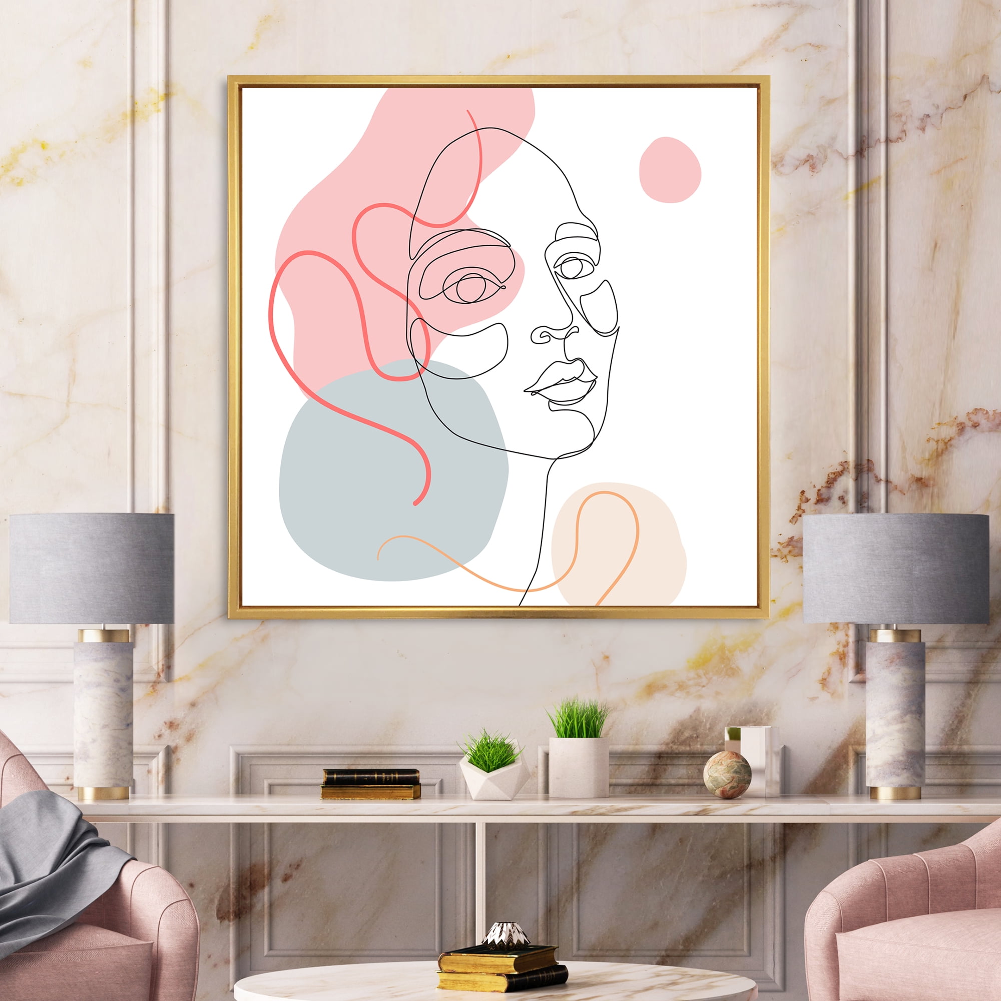 Designart 'One Line Drawing of Young Girl In Pastel Tones' Modern Framed Canvas Wall Art Print