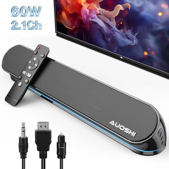 AUOSHI Small Sound Bar for TV, 2.1ch 60 W Compact Soundbar with Built-in Subwoofer, Bluetooth 5.4, 5 EQ Modes, HDMI ARC/Optical/AUX/USB, 16.5 inch