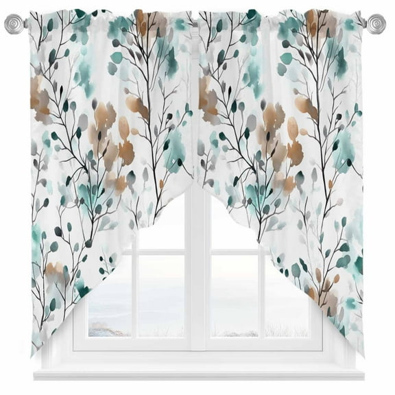 Vintage Teal Swag Valances for Windows 2 Pack Brown Wildflowers Leaves Abstract Botanical Swag Kitchen Curtains 45 Inches Long Rod Pocket Short Window Treatment for Kitchen Bathroom 36"x45"