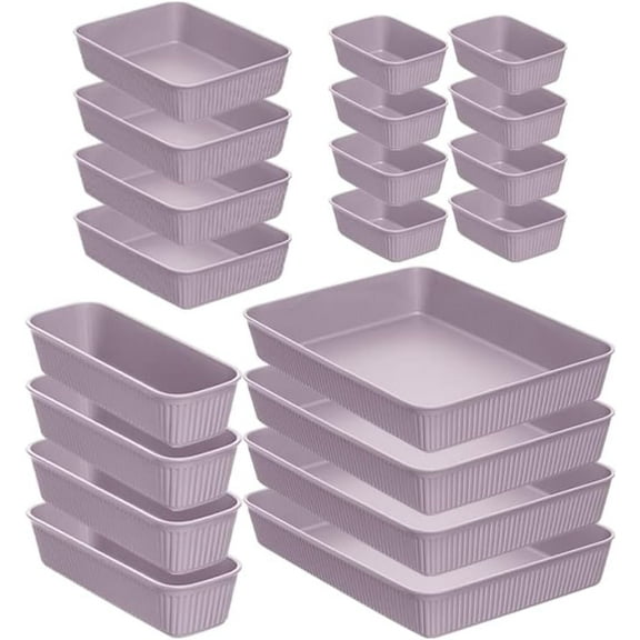 Superio Decorative Plastic Desk Drawer Organizer Tray, Lilac Purple (Set of 20) Open Home Storage Bins Organizer Baskets, for Organizing Closet Shelves Drawer Shelf - Ribbed Collection
