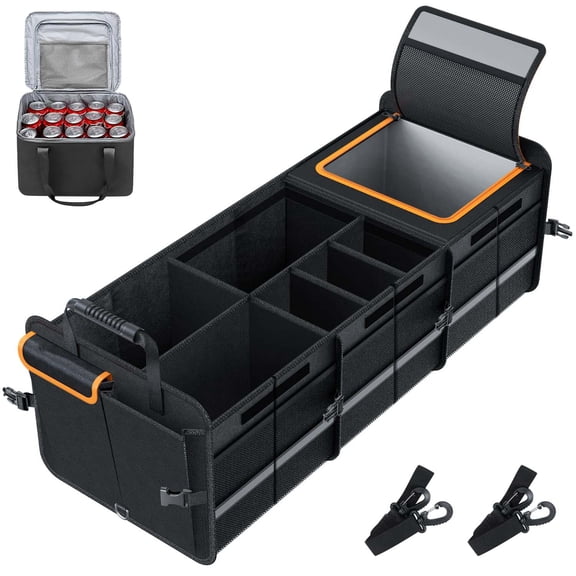 Large Trunk Organizer with Built-in Leakproof Cooler Bag,2 Tie-Down Straps, 4 Removable Dividers ,Collapsible Large Trunk Organizer for SUVs and Sedans with Cover,Constructed with 2mm PE Board