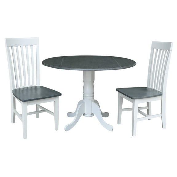 42" Solid Wood Dual Drop Leaf Pedestal Dining Table with 2 Slat Back Chairs in White/Heather Gray by International Concepts
